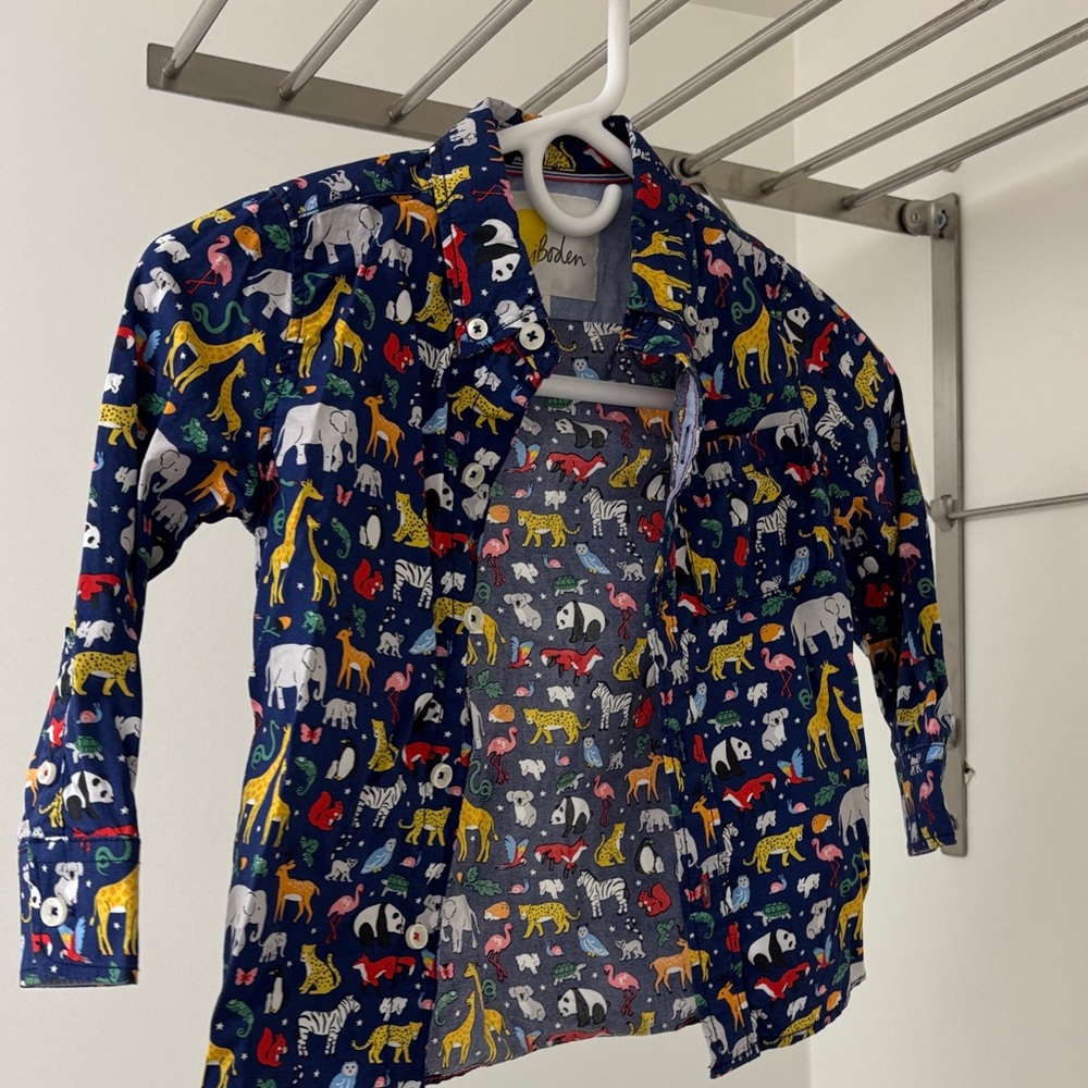 Mini Boden Kids Animal Print Button Down Shirt - Blue, Yellow, Red